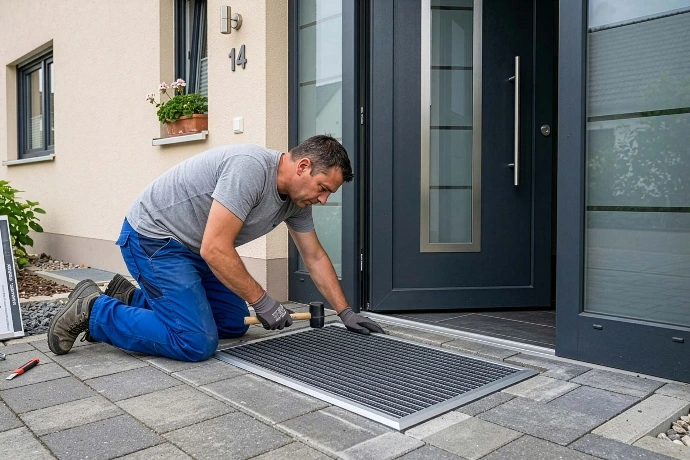 Ein Handwerker montiert eine Aluprofilußmatte.